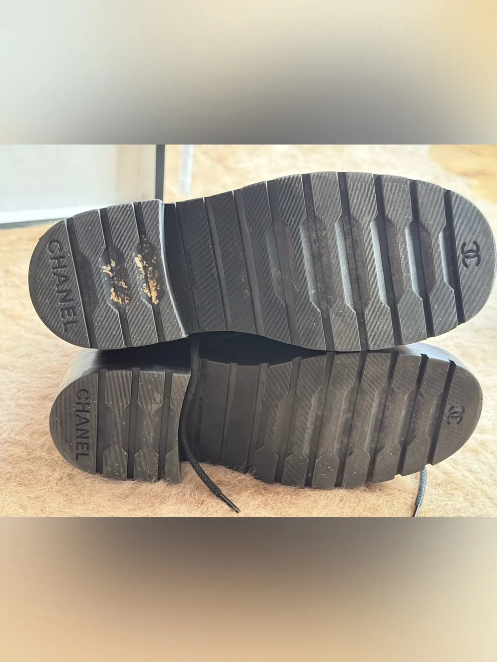 CHANEL Black Quilted Leather Combat Boots with Chain CC Detailing size 5